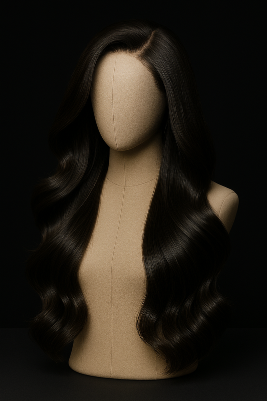 Mannequin head with long black wig on a black background